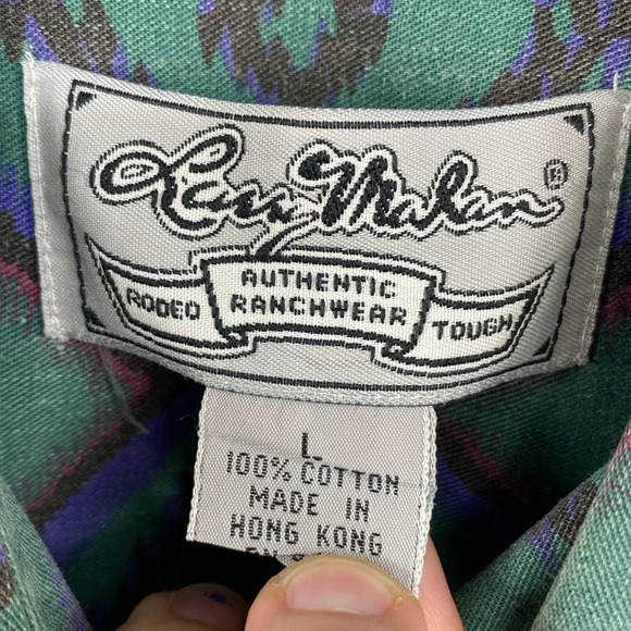 Larry Mahan Button Down Shirt Mens Size Large Green Blue Vintage Rodeo Geometric - Picture 6 of 11